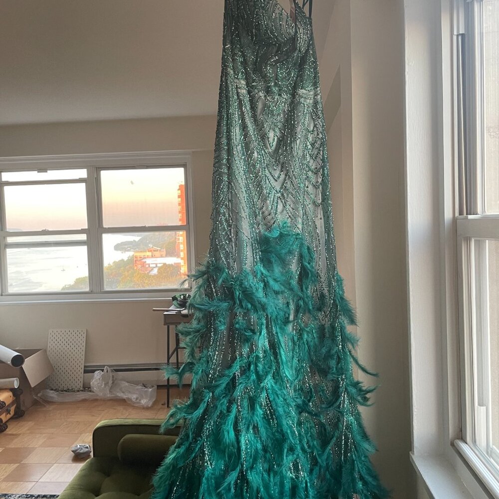 Emerald Sequin & Feather Gown Size 14, Worn Once - image 6